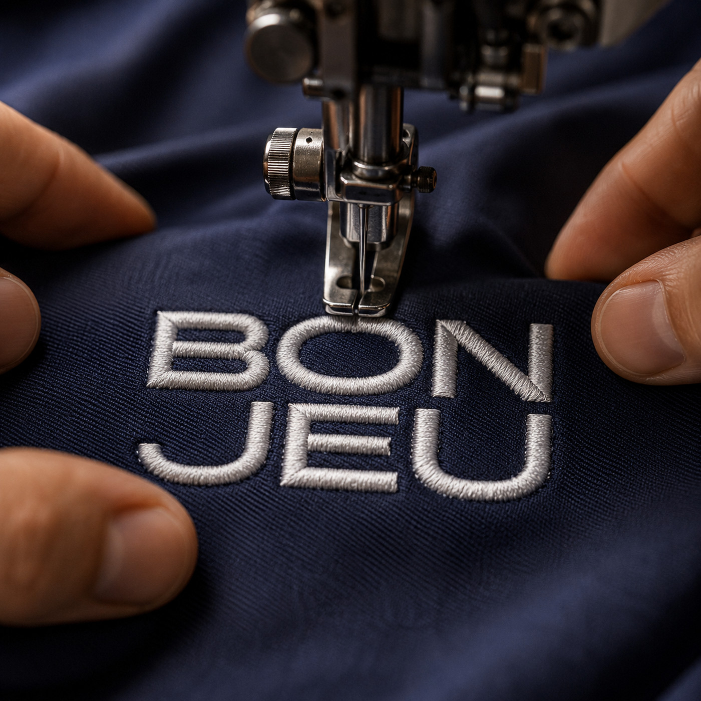 The BON JEU wordmark being embroidered onto navy shell fabric